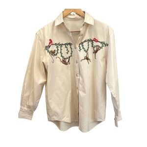 Vintage Embroidered Monkey Shirt Jungle Safari Animal Button Down Top Whimsical